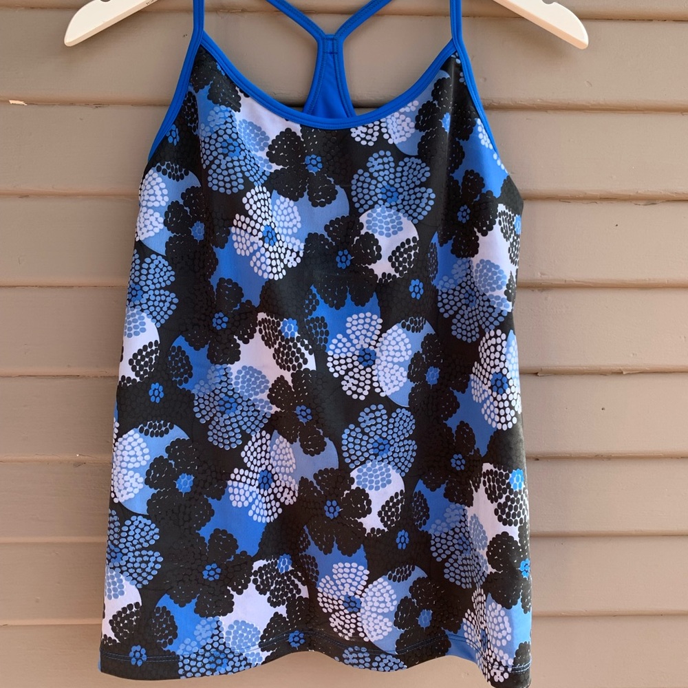 Jerdog workout tennis tank tops size Small built in bra  blue Flowered